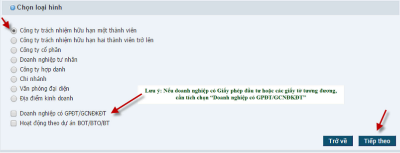Chọn loại hình doanh nghiệp đăng ký