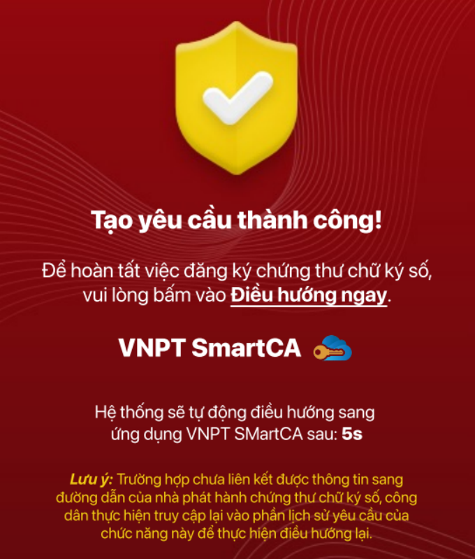 Thông báo yêu cầu đăng ký thành công