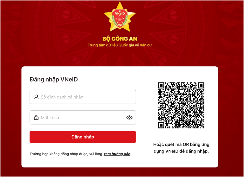 Đăng nhập hoặc quét mã QR bằng ứng dụng VNeID.